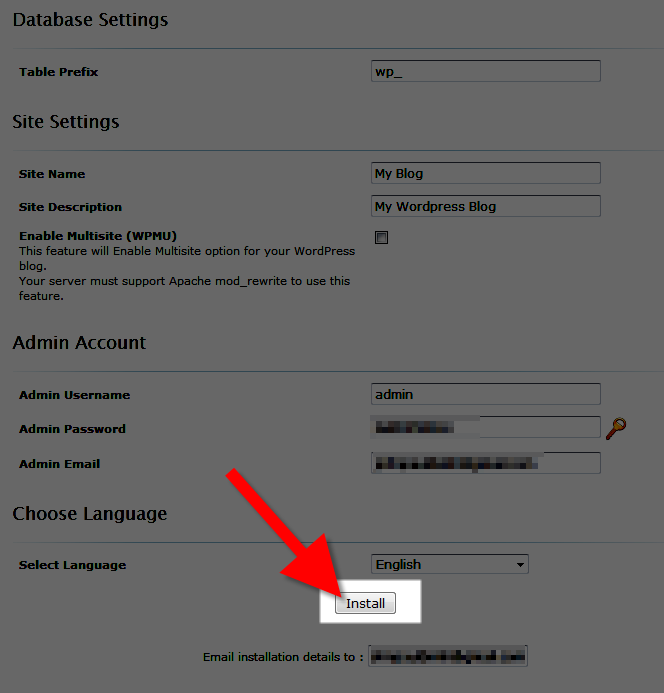 softaculous installation button