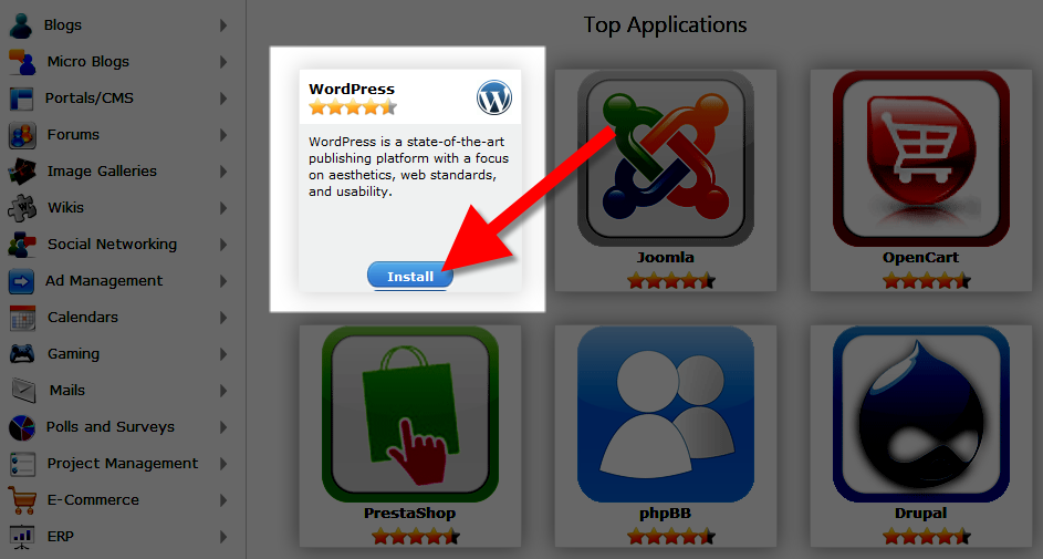 selecting wordpress in softaculous