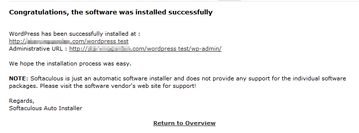 softaculous summary of installation