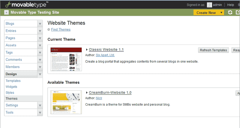 Themes view in Movable Type