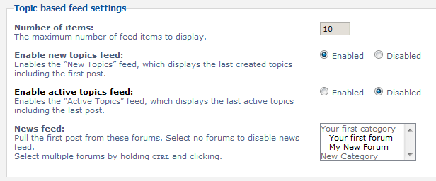 list of topic based feed settings