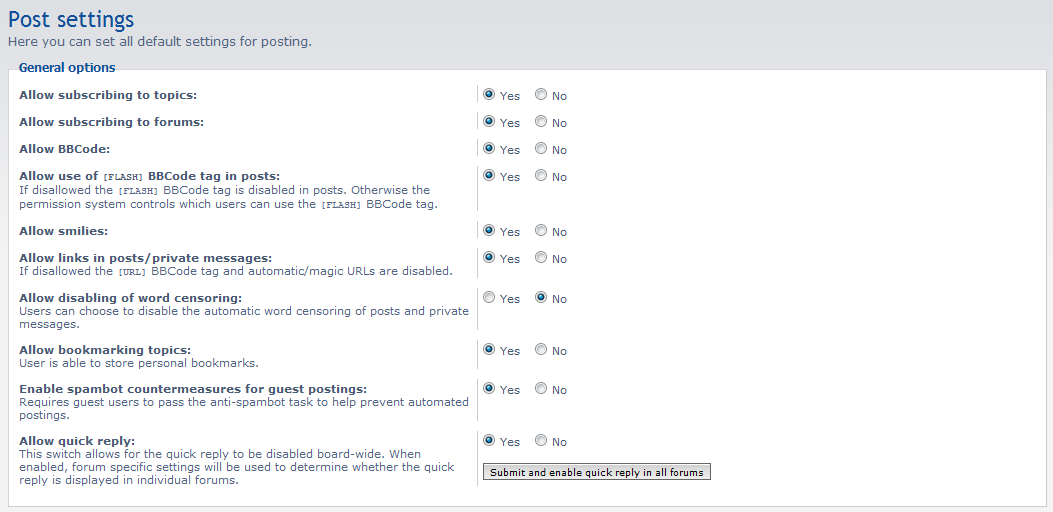 list of post setting options