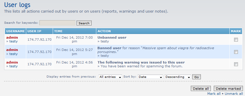 list of user log entries
