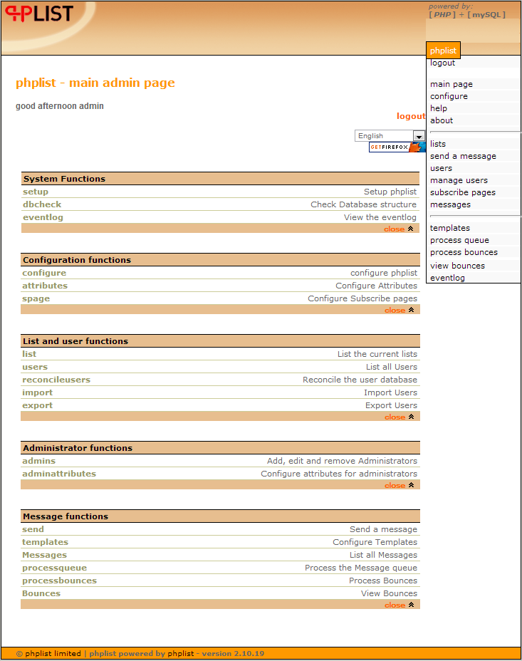 phplist admin dashboard