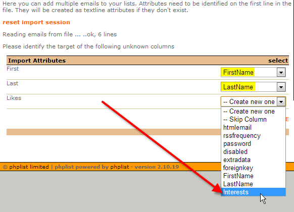 assign attributes for import from drop down