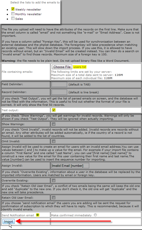 select details for import click on import