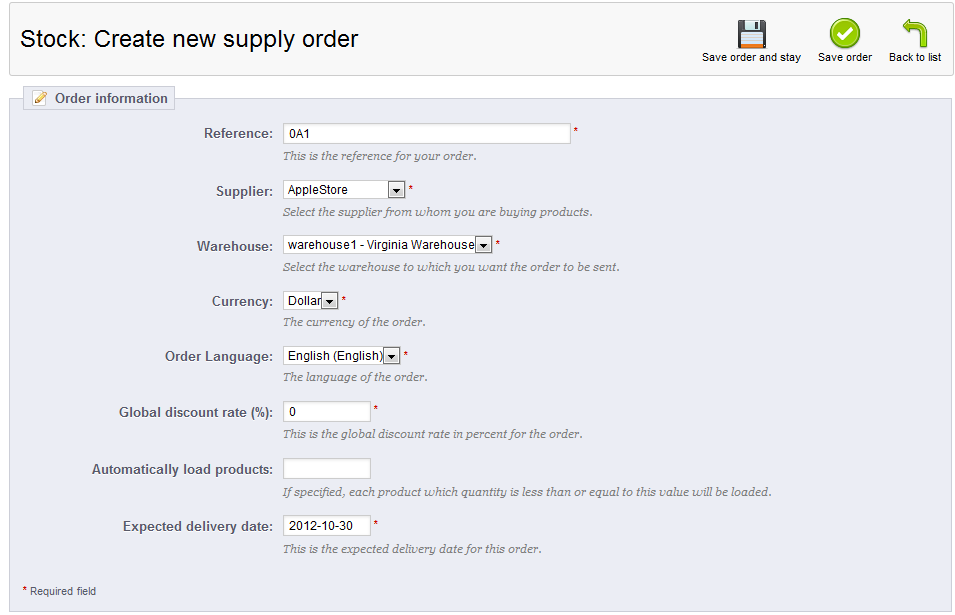 create supply order