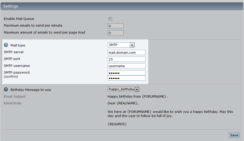 list of smtp settings