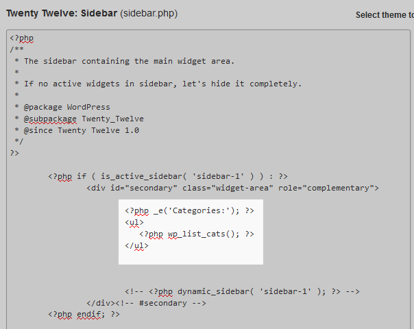 code to list categories