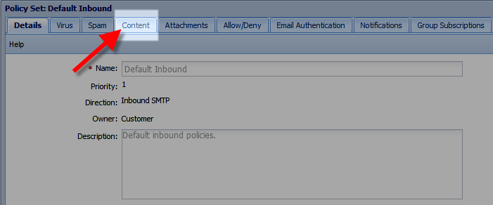 selecting the content tab in the mcafee control console