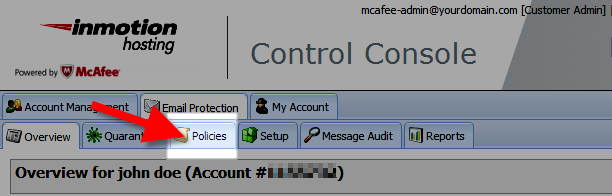 selecting the policy tab in the mcafee control console