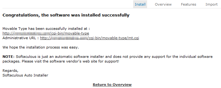 movable type successful installation message