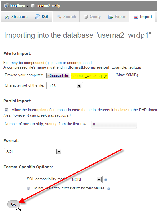 phpmyadmin-backup-selected-click-go