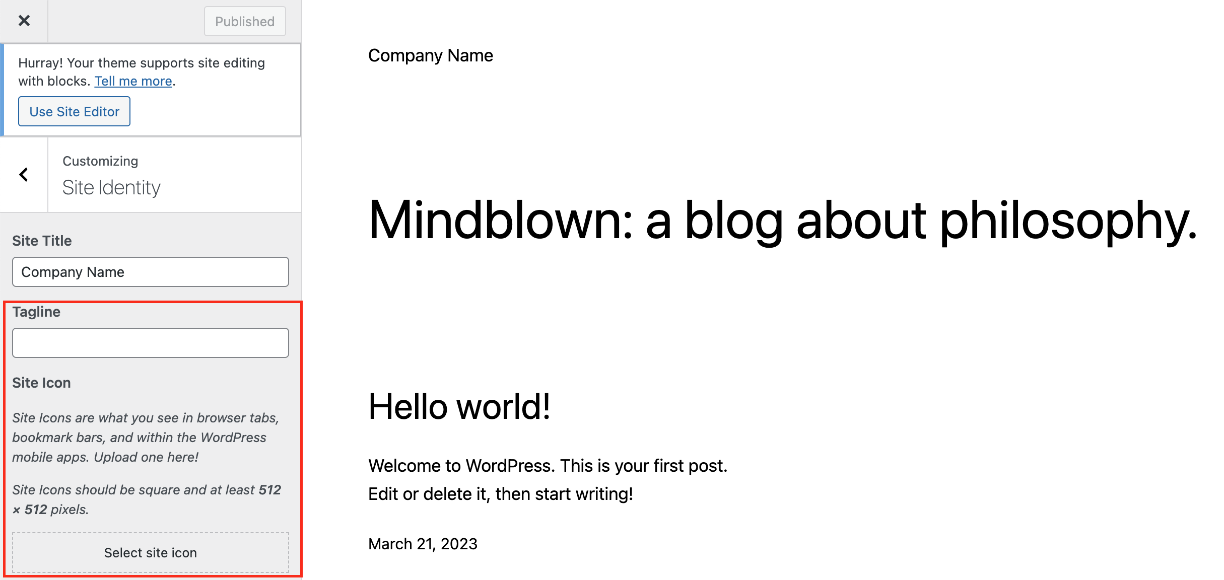 Where to update your Site Tagline and favicon in WordPress