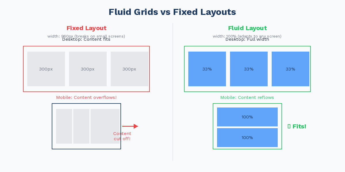 Comparison of fixed-width layouts that overflow on mobile screens versus fluid layouts that adapt proportionally