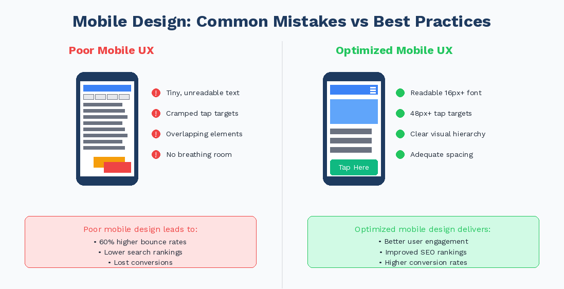 Side-by-side comparison of poor mobile design with tiny text and cramped buttons versus optimized mobile design with readable fonts and large tap targets
