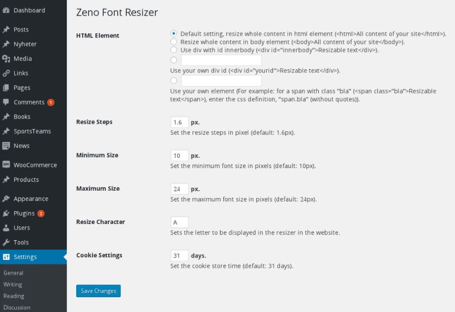 Zeno Font Resizer uses JavaScript and jQuery to set the font size on your website, and settings are saved in a cookie so that a returning visitor sees the same size they saw upon their last visit. 