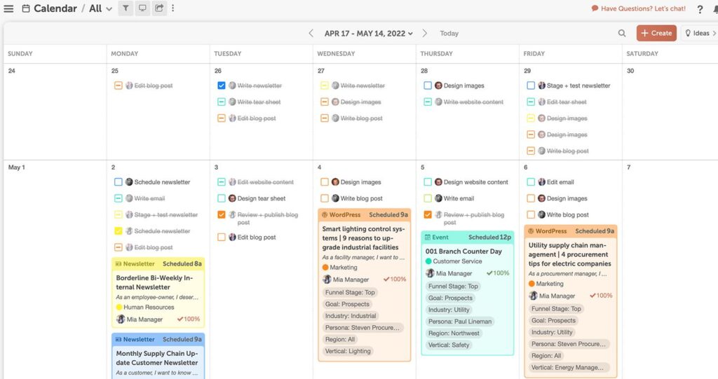 CoSchedule's calendar makes it super easy to visualize your workload and organize your marketing team's digital strategy via a shared, drag-and-drop calendar.