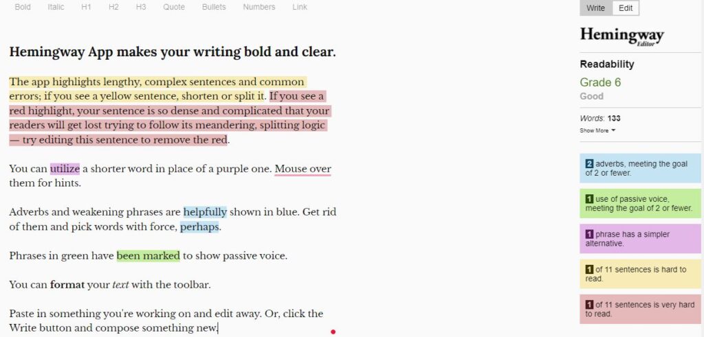 With Hemingway, you can check the readability of your content and take steps to improve it. This helps ensure you are able to effectively get your message across to your audience without confusing them or losing their attention. 