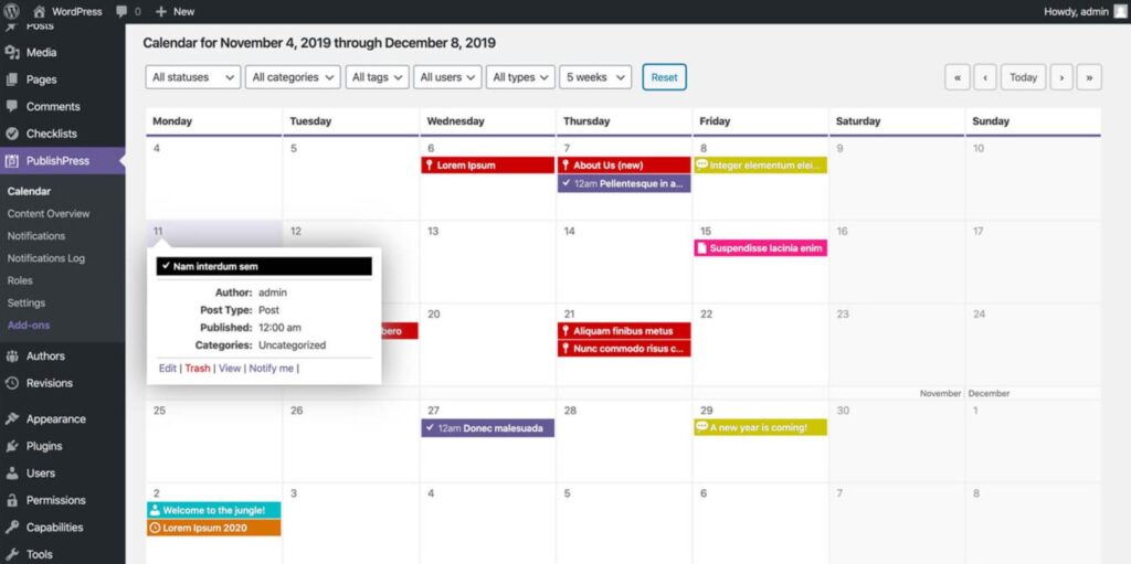 PublishPress features an intuitive drag and drop editorial calendar for content planning that allows you to create custom status and notifications for content updates.