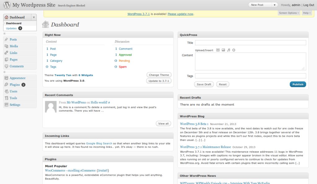 WordPress 3.0 Dashboard