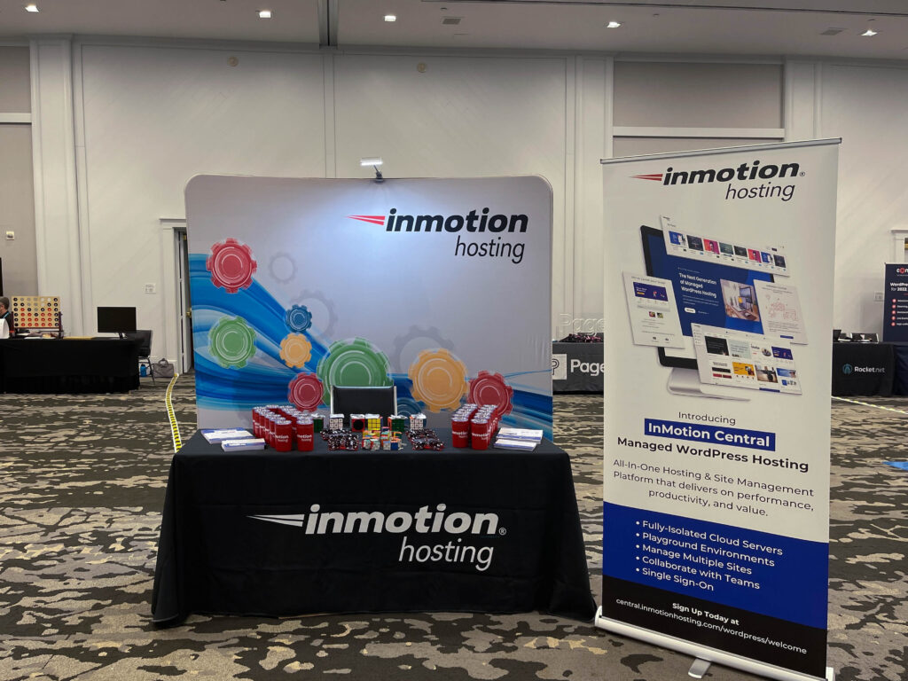 The InMotion Hosting booth in the Sponsors Hall at WordCamp US 2022