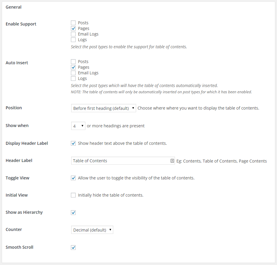 Capture d'écran du plug-in Easy Table of Contents 