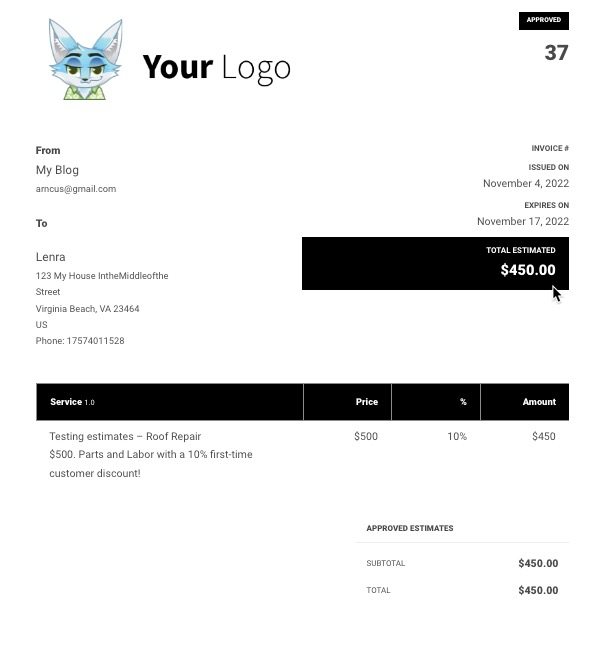 An example of a valuation in Sprout Invoices