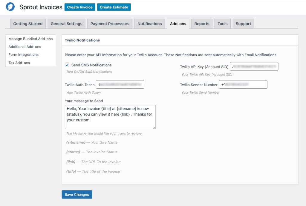 Twilio SMS Notification settings for Sprout