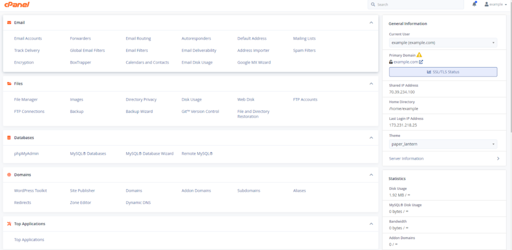 Screenshot of the cPanel dashboard, a common control panel for shared hosting accounts