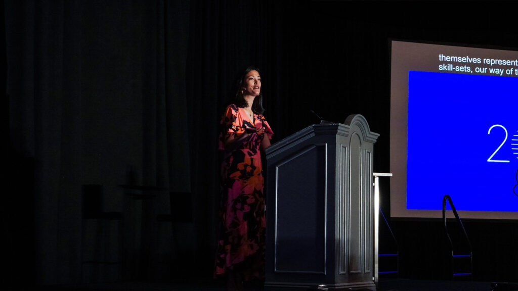 Josepha Haden Chomphosy delivering her speech on the Future of WordPress