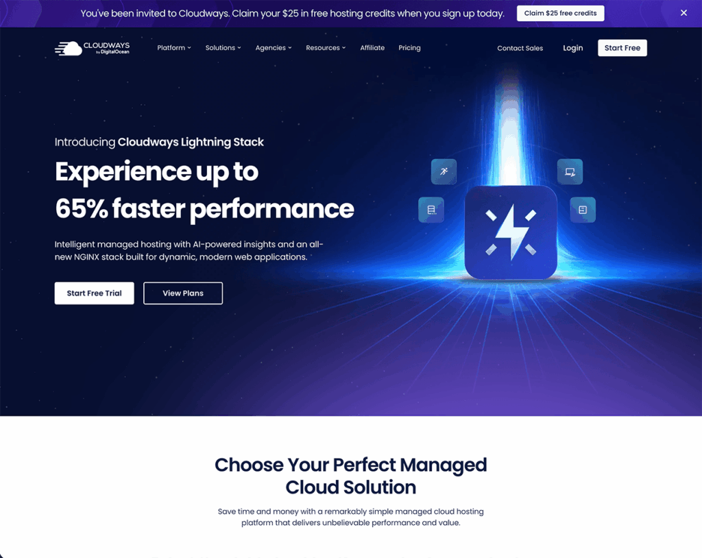Page d'accueil de Cloudways