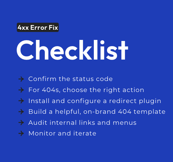 4xx Error Fixes Confirm Code Choose Action Manage Redirects Build 404 Template Audit Internal Links Monitor and Iterate