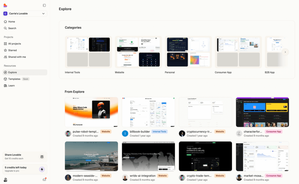 Screenshot from Lovable's Explore Interface