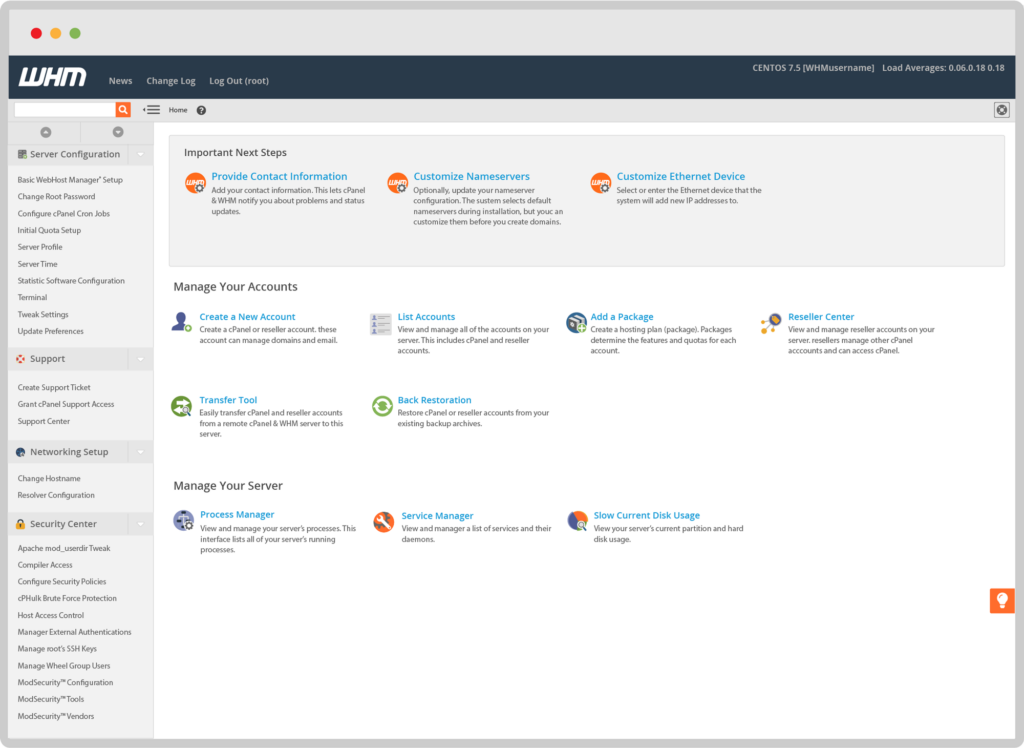 Screenshot der WHM-Oberfläche