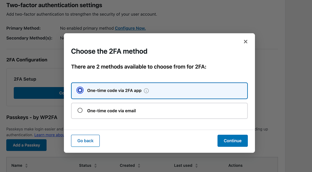 WP 2FA Choose Your 2FA Method