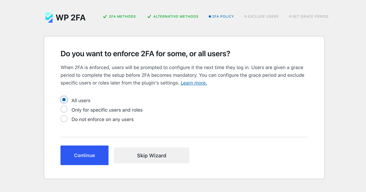 WP 2FA Enforcement Settings