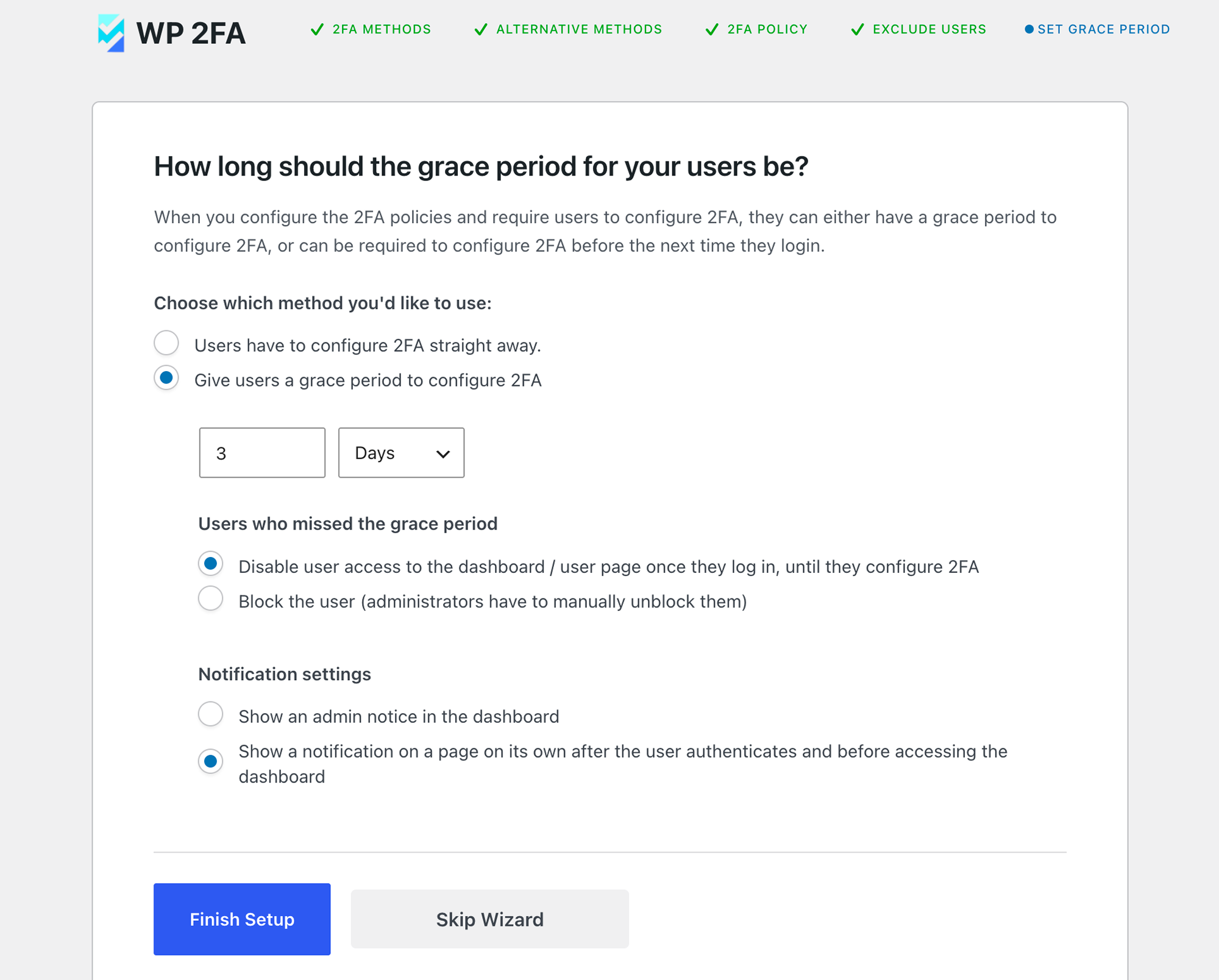 WP 2FA Grace Period
