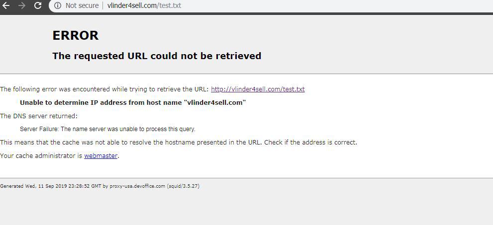error, the requested URL could not be retrieved. unable to determine IP address from hostname vlinder4sell.com