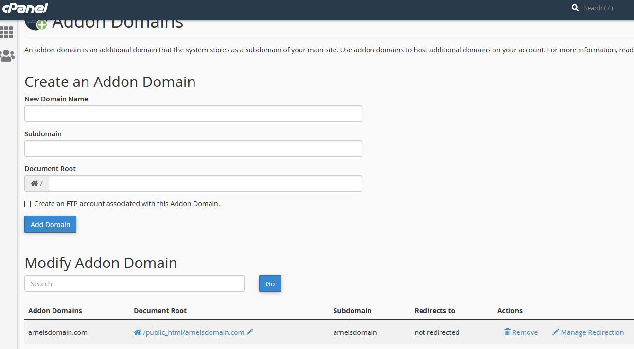 addon domain configuration in cpanel interface.