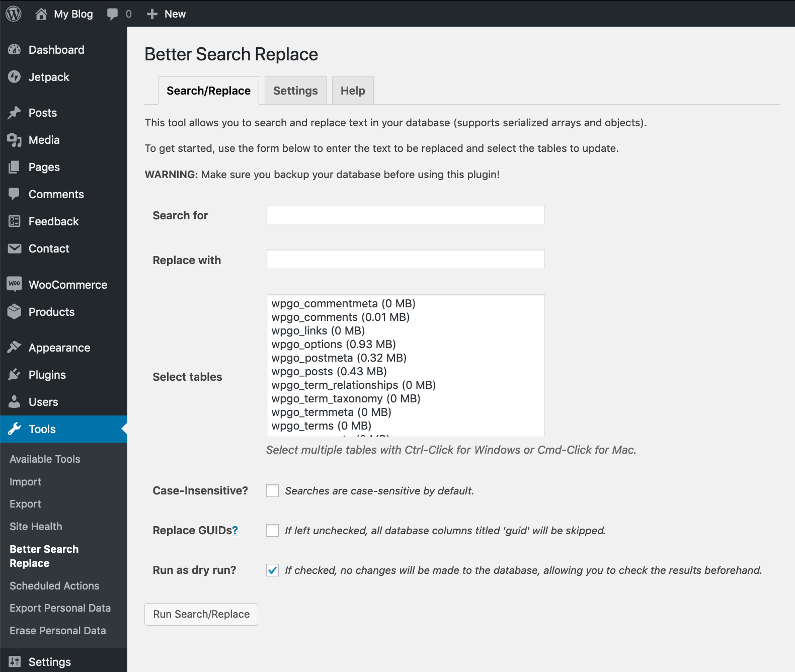 better search replace interface updating information in wordpress database