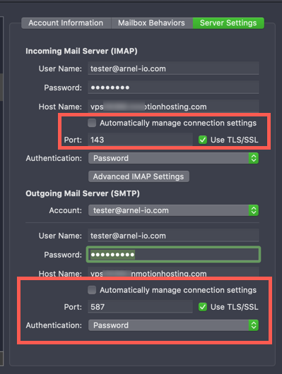 IMAP settings panel