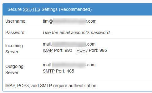 SSL/TLS email settings panel with POP3 and IMAP configurations
