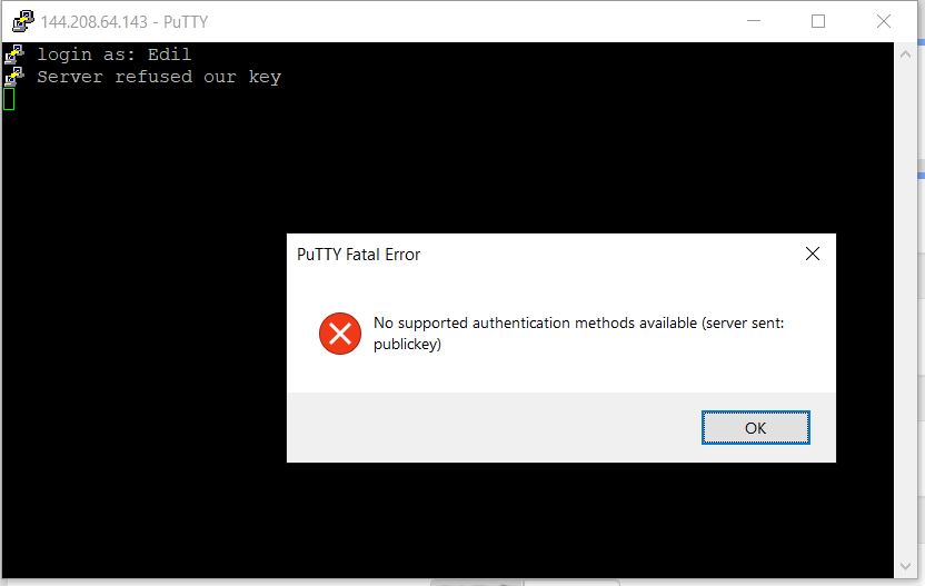 putty fatal error, no support authentication methods available.