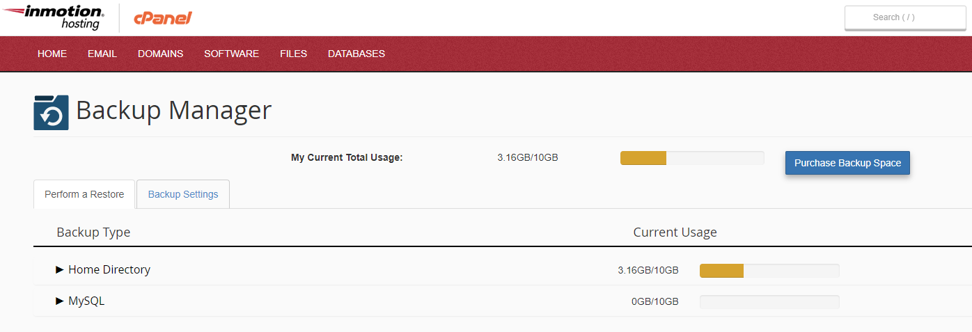 cPanel view of InMotion Hosting's Backup Manager plugin.