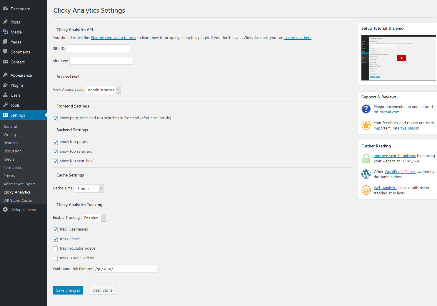 Clicky Analytics plugin settings