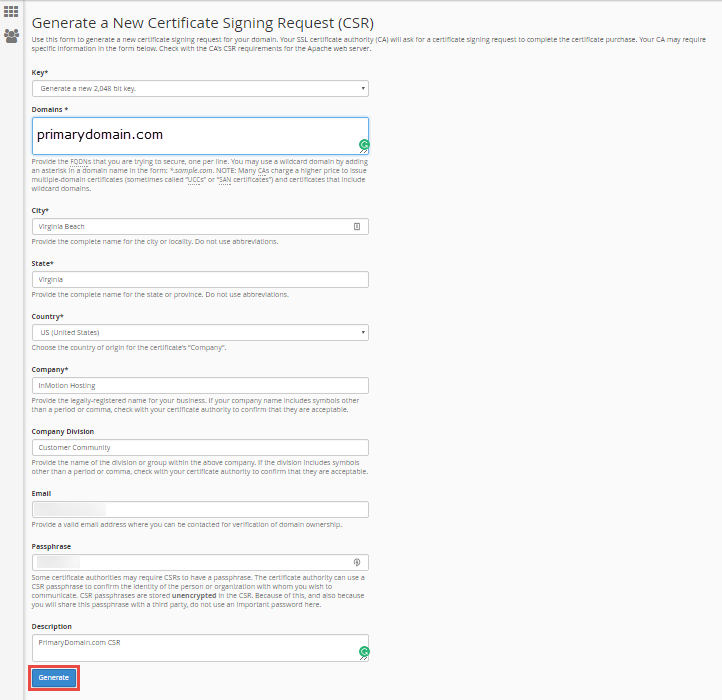 fill out csr fields click generate
