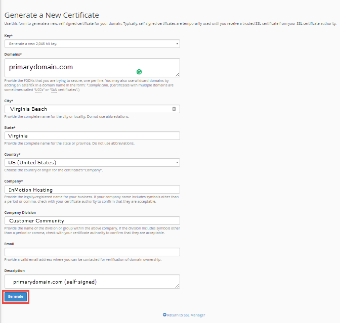 fill out details for self signed ssl certificate click generate