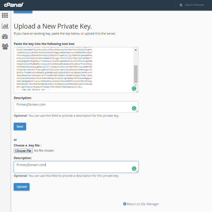 paste or upload private key