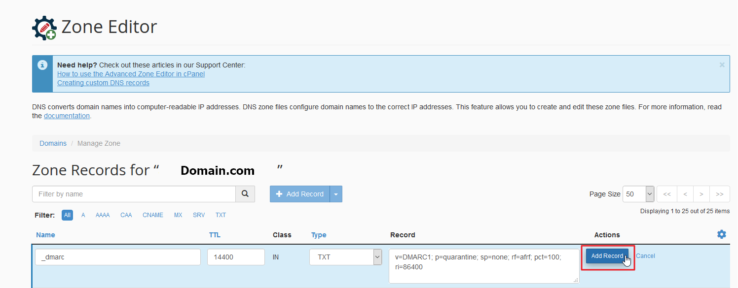 New DMARC record in cPanel